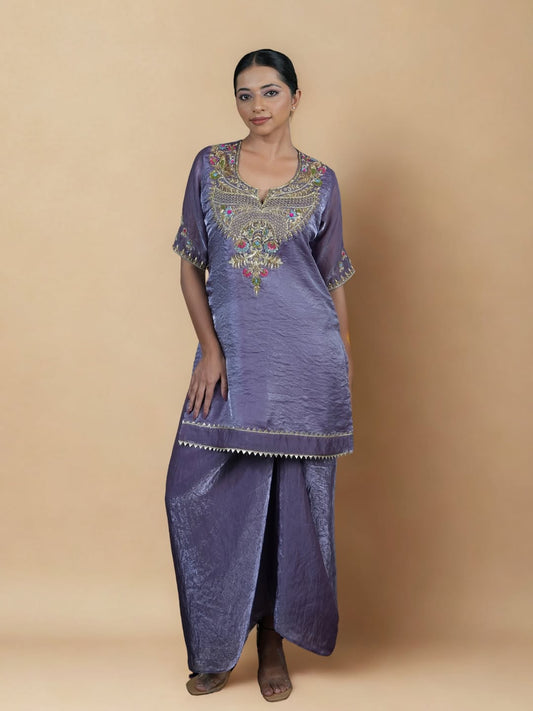 Embroidered Silk Kurta & Draped Skirt Set