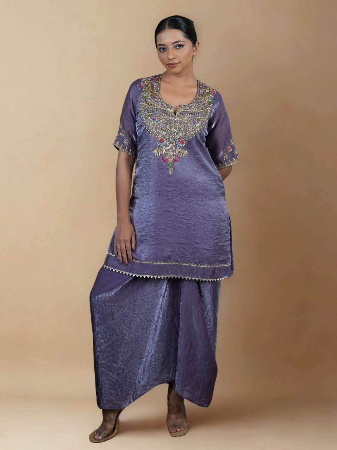 Embroidered Silk Kurta & Draped Skirt Set