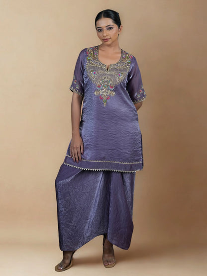 Embroidered Silk Kurta & Draped Skirt Set