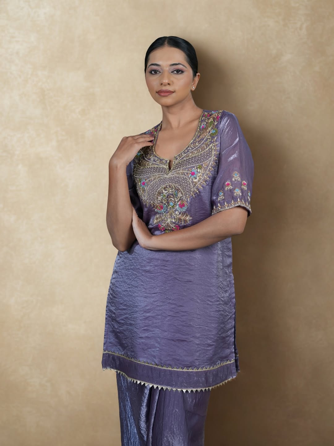 Embroidered Silk Kurta & Draped Skirt Set