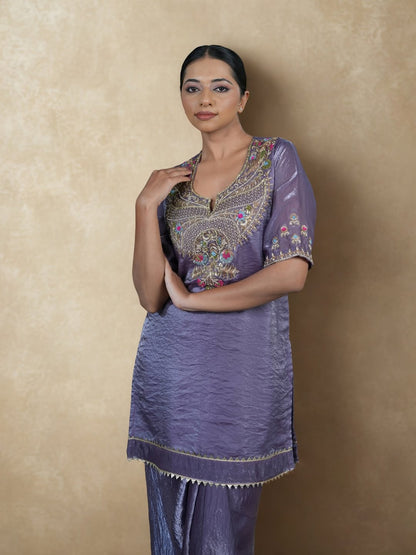 Embroidered Silk Kurta & Draped Skirt Set